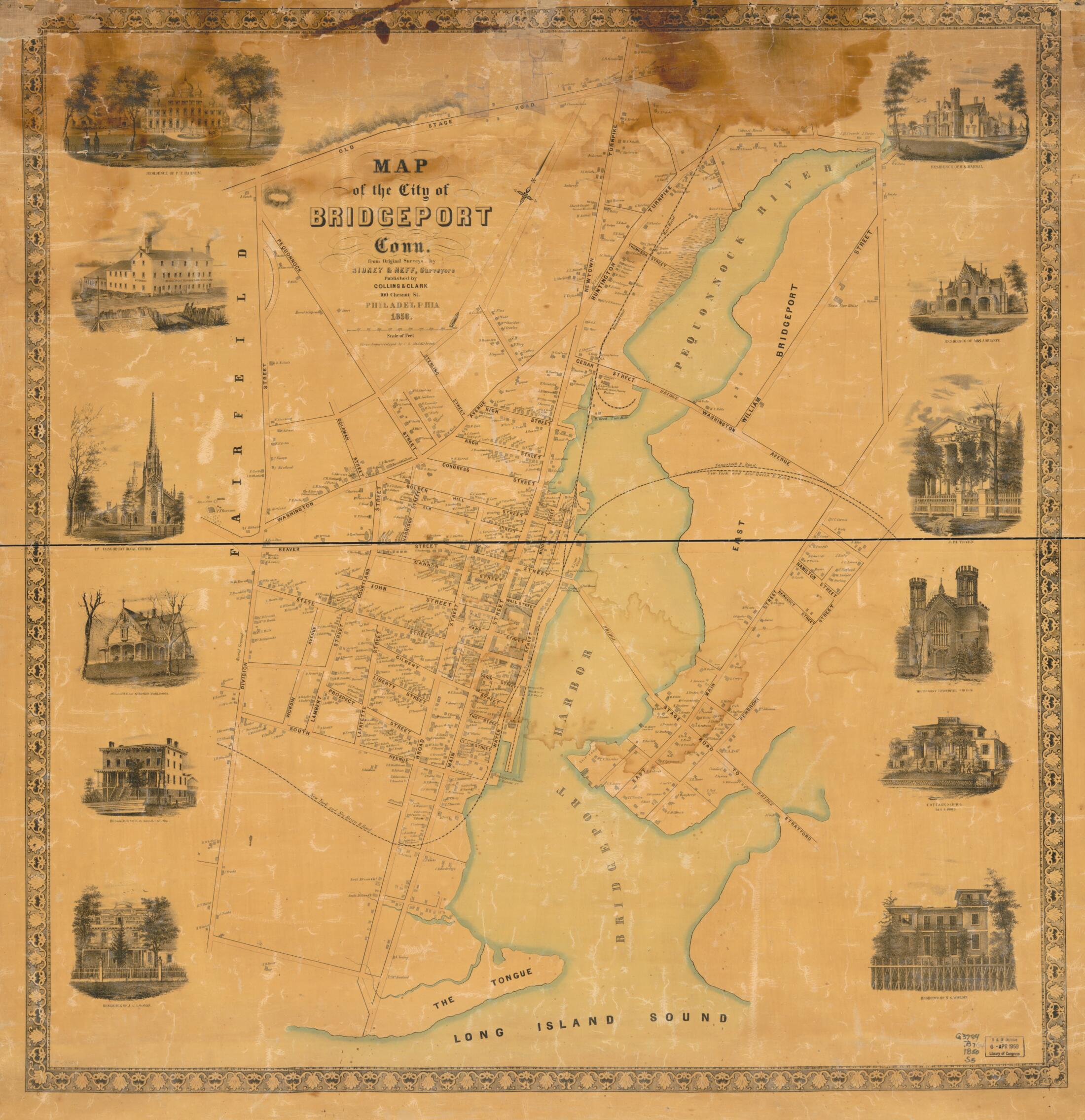 This old map of Map of the City of Bridgeport, Connecticut from 1850 was created by  Collins &amp; Clark, C. S. Middlebrook,  Sidney &amp; Neff in 1850