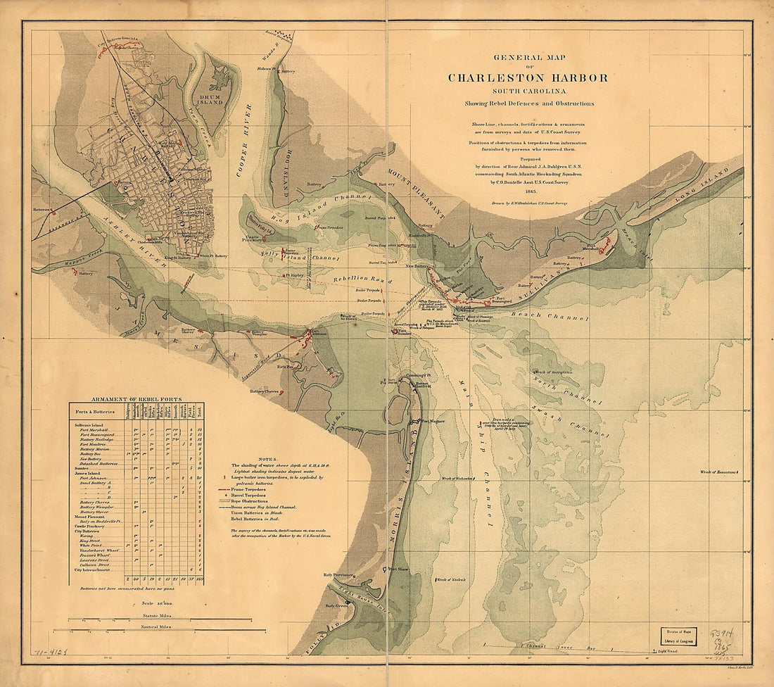 This old map of General Map of Charleston Harbor, South Carolina, Showing Rebel Defences and Obstructions from 1865 was created by Charles G. Krebs, Eugene Willenbücher in 1865