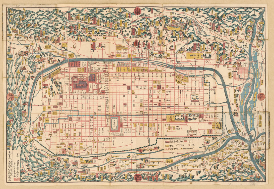 This old map of Saiken Kyō Ezu Taizen (細見京繪圖大全 /, Kyō Ezu Taizen, Seikyō Chizu, Zen, Tenpō Kaisei Shinzō Saiken Kyō Ezu Taizen, Kan) from 1835 was created by Tōri Ikeda, Nagahide Nakamura in 1835