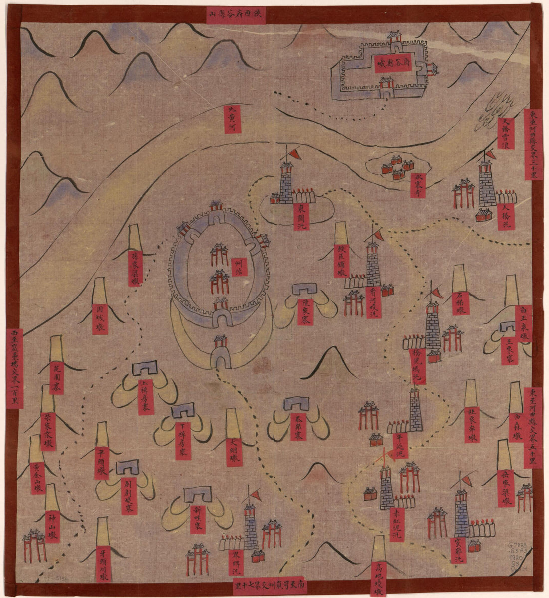 This old map of Baode Zhou Cheng Tu. (保德州城圖, Map of Baode) from 1724 was created by  in 1724