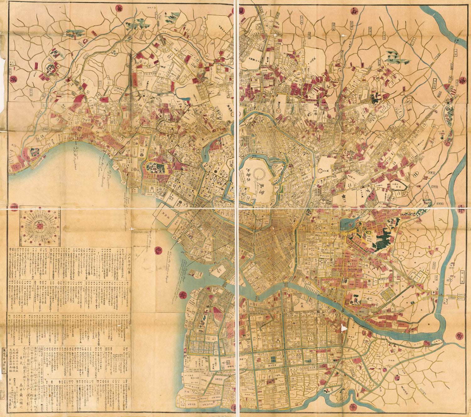 This old map of Oedo ōezu (御江戶大繪圖 /, Ansei Kaisei Oedo ōezu) from 1860 was created by Ranzan Takai in 1860