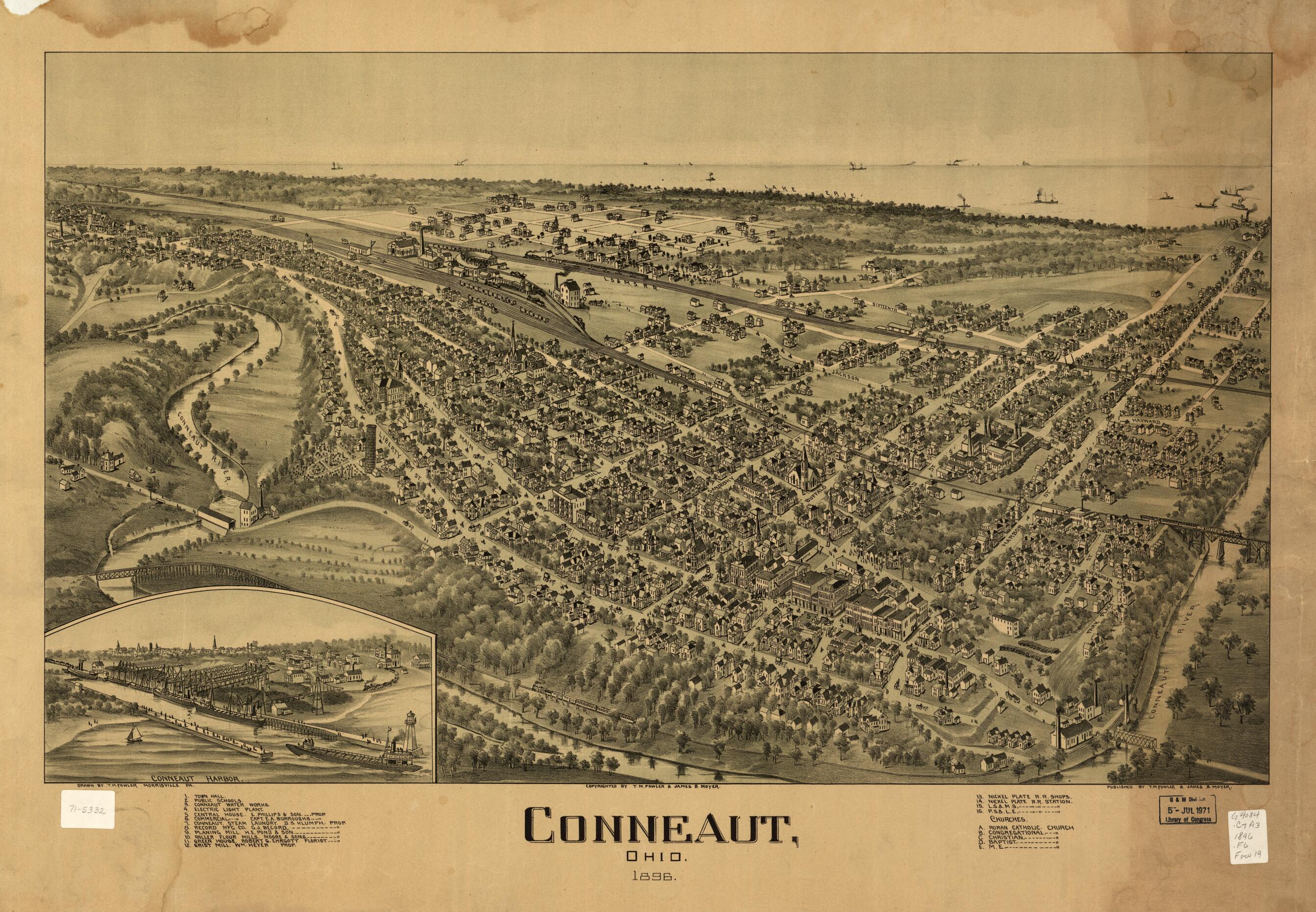 This old map of Conneaut, Ohio from 1896 was created by T. M. (Thaddeus Mortimer) Fowler, James B. Moyer in 1896