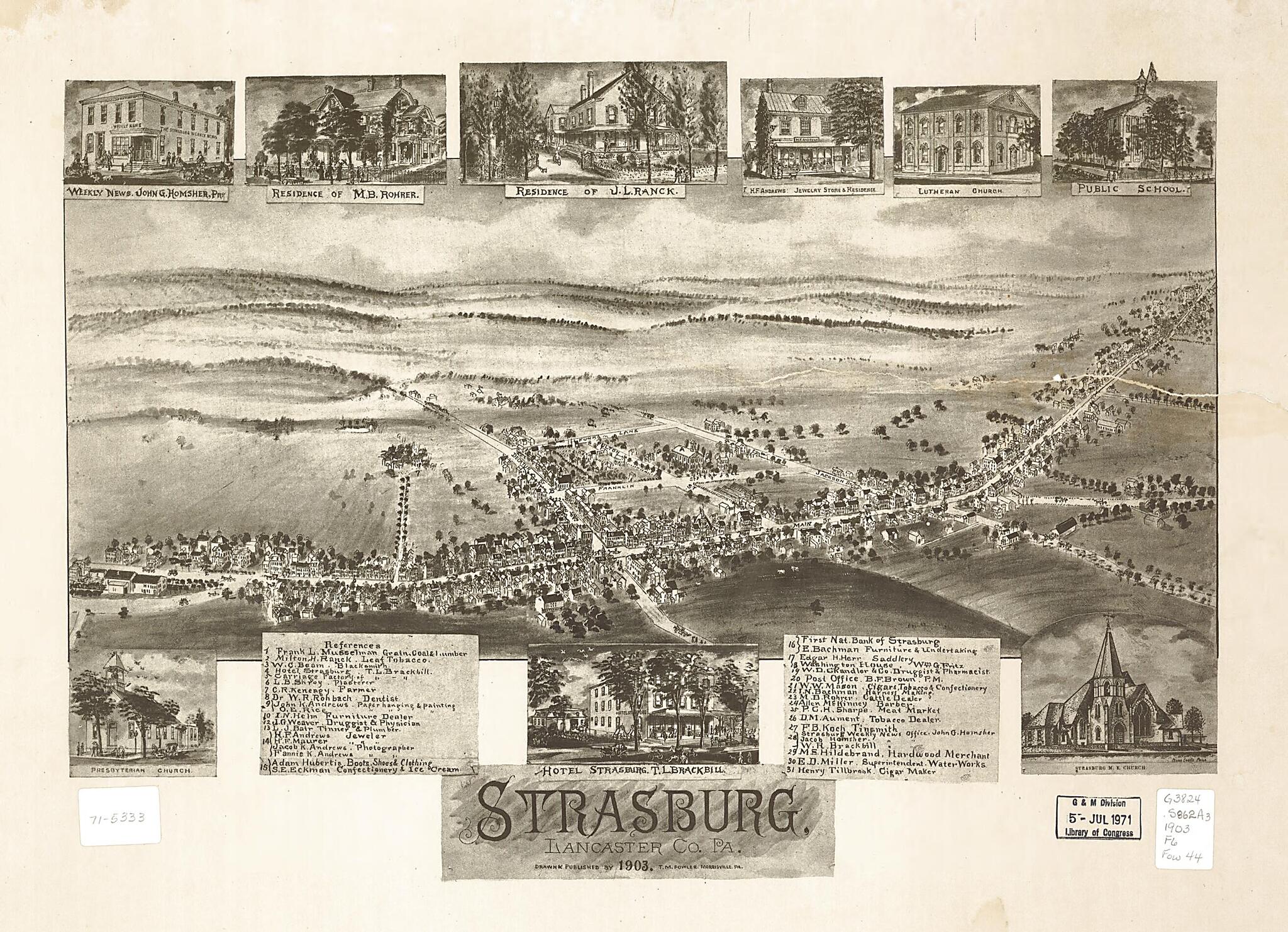 This old map of Strasburg, Lancaster County, Pennsylvania from 1903 was created by T. M. (Thaddeus Mortimer) Fowler in 1903