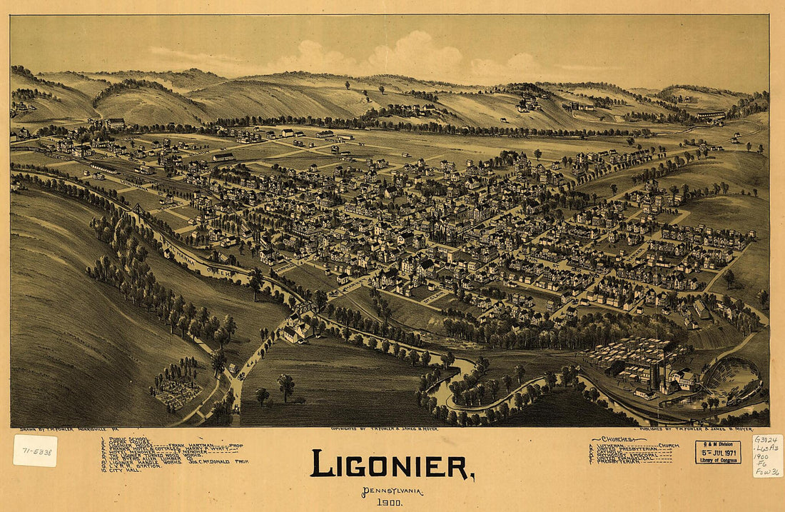 This old map of Ligonier, Pennsylvania from 1900 was created by T. M. (Thaddeus Mortimer) Fowler, James B. Moyer in 1900