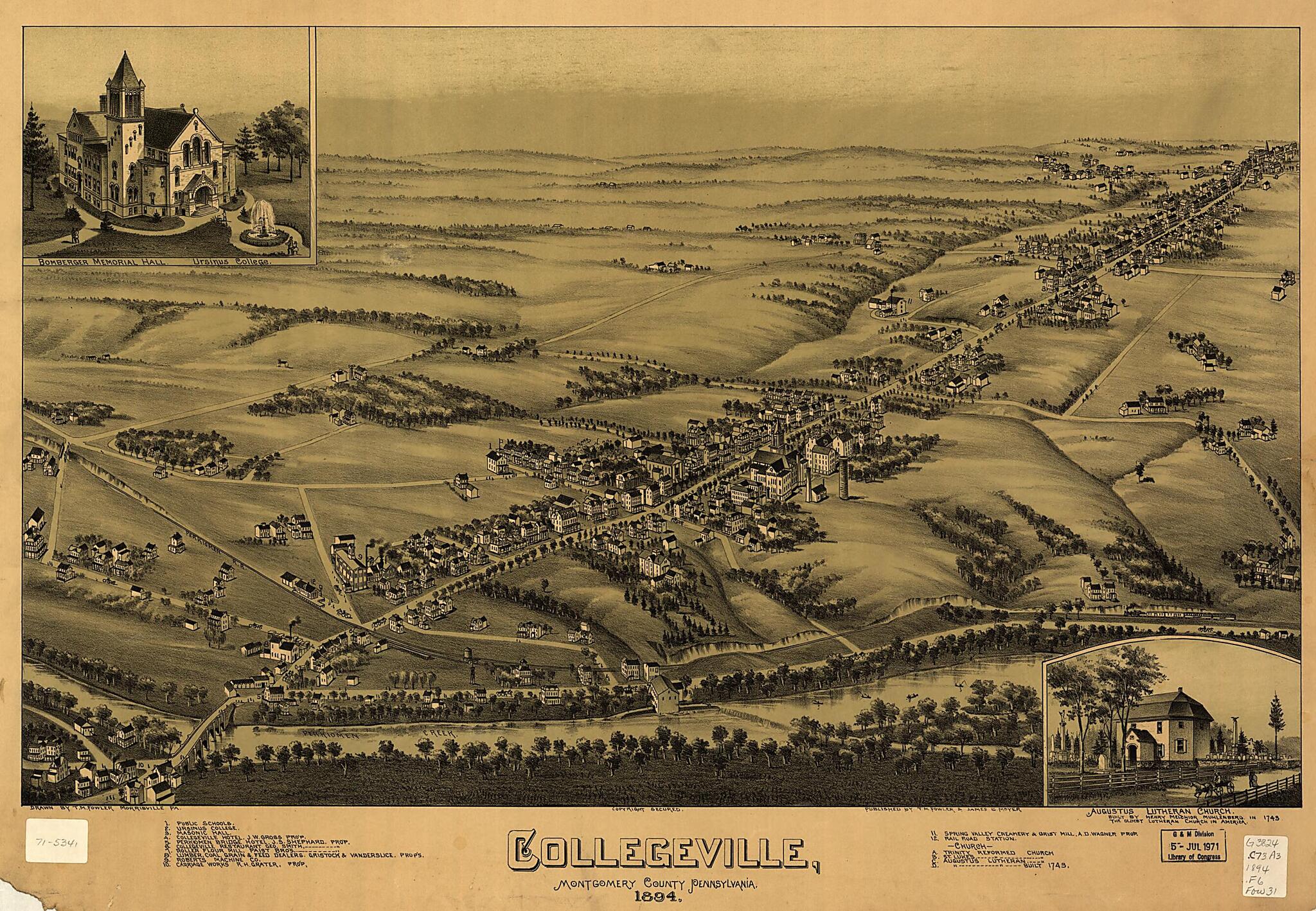 This old map of Collegeville, Montgomery County, Pennsylvania from 1894 was created by T. M. (Thaddeus Mortimer) Fowler, James B. Moyer in 1894