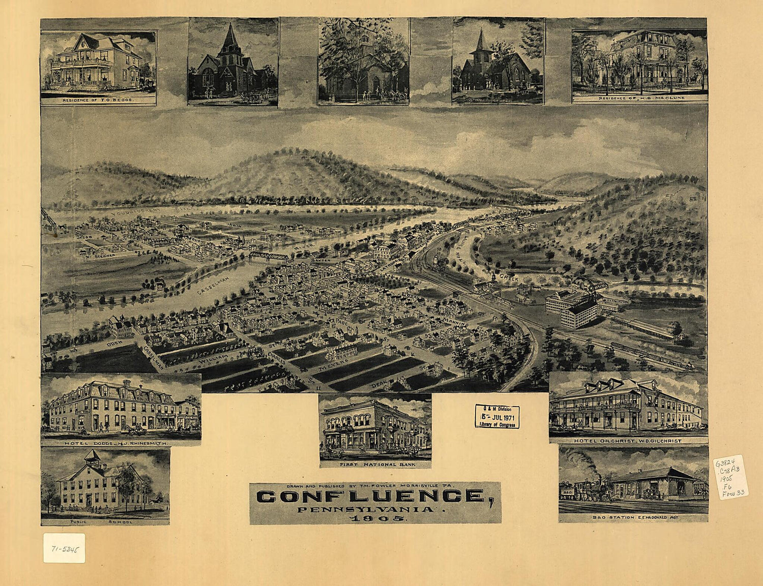 This old map of Confluence, Pennsylvania from 1905 was created by T. M. (Thaddeus Mortimer) Fowler in 1905