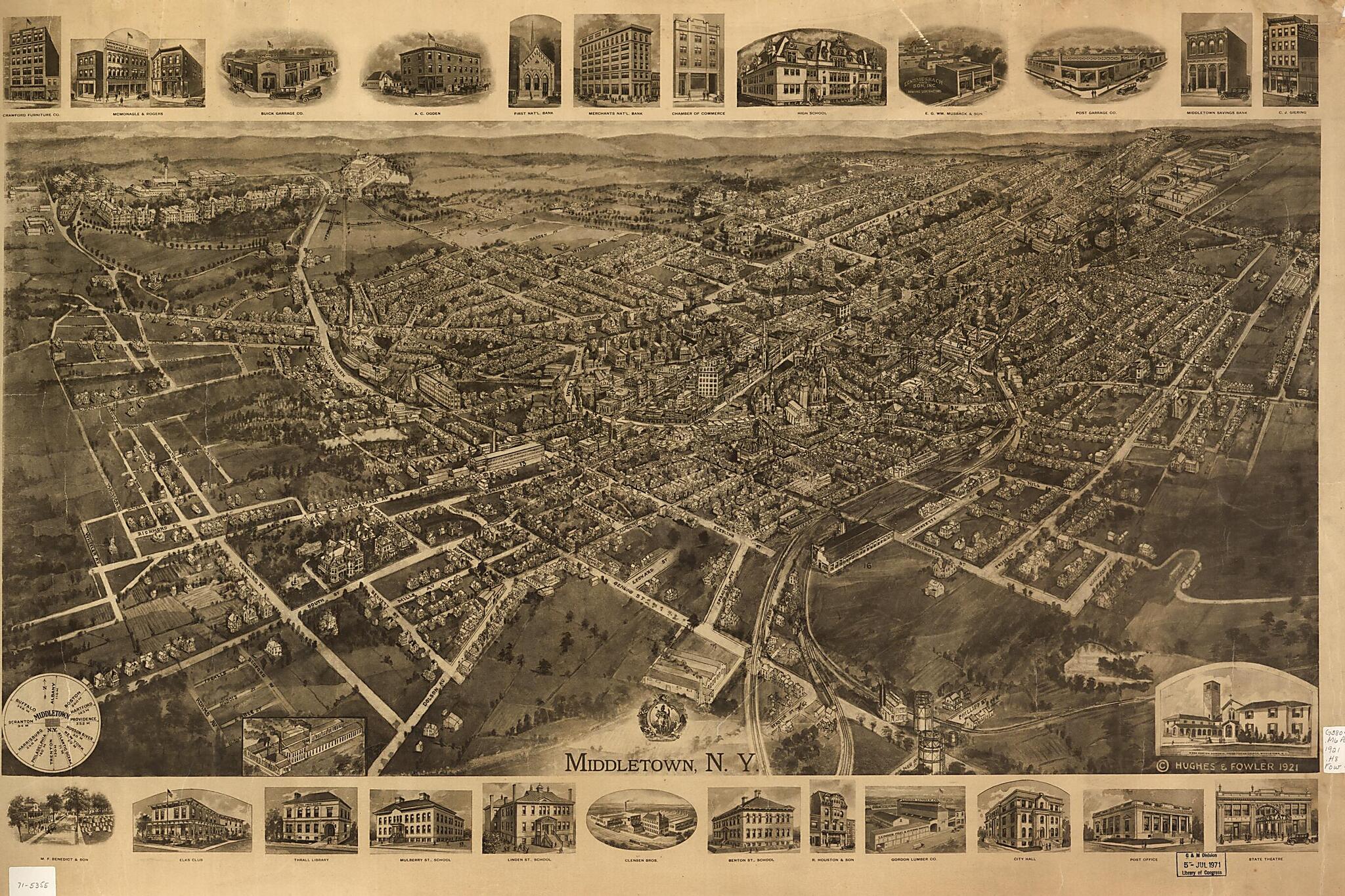 This old map of Middletown, New York from 1921 was created by  Hughes &amp; Fowler in 1921