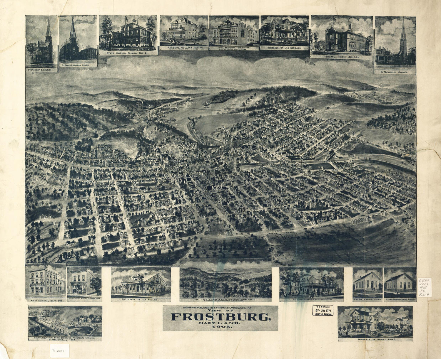 This old map of View of Frostburg, Maryland from 1905 was created by T. M. (Thaddeus Mortimer) Fowler in 1905