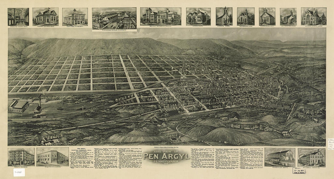 This old map of Aero View of Pen Argyl, Pennsylvania from 1916 was created by T. M. (Thaddeus Mortimer) Fowler,  Hughes &amp; Bailey in 1916