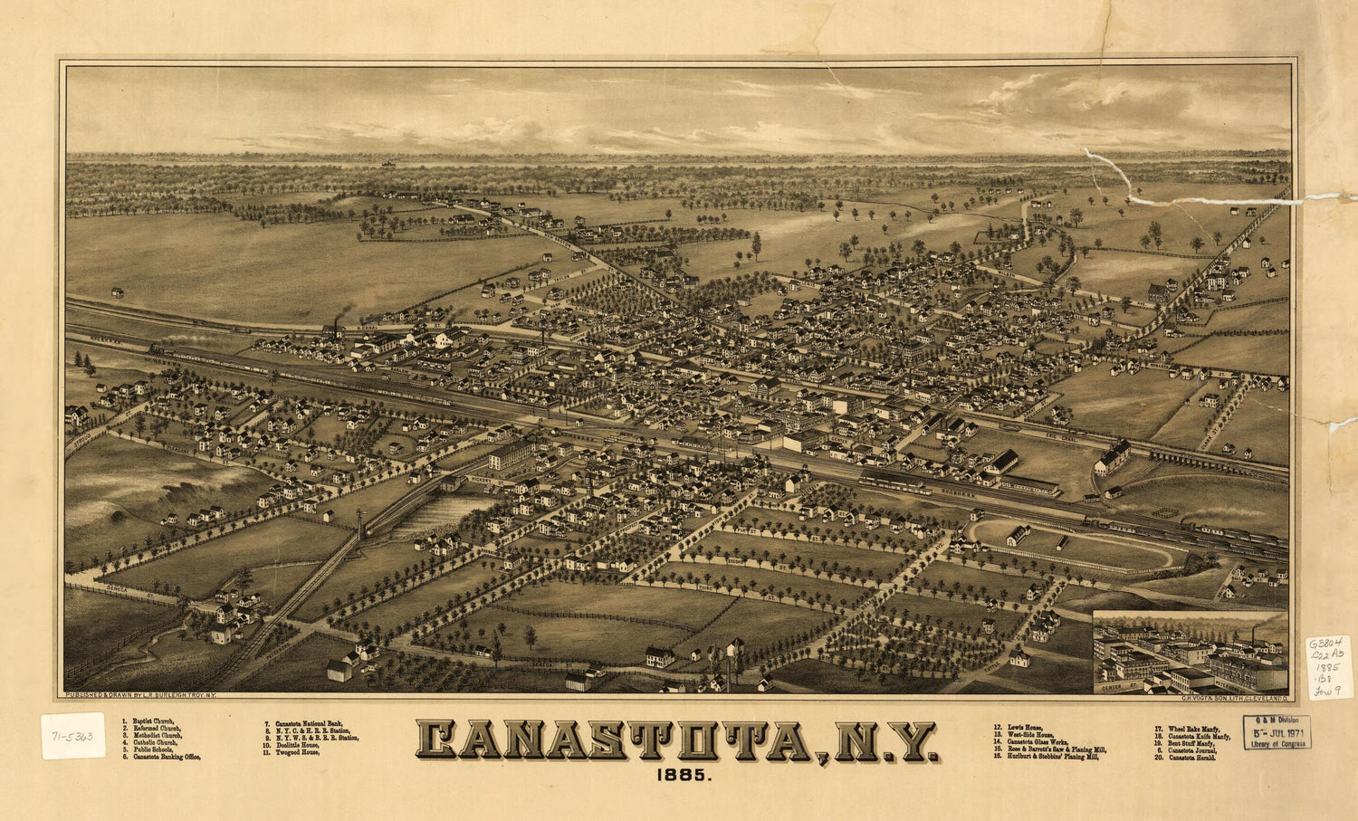 This old map of Canastota, New York from 1885 was created by L. R. (Lucien R.) Burleigh,  C.H. Vogt &amp; Son in 1885