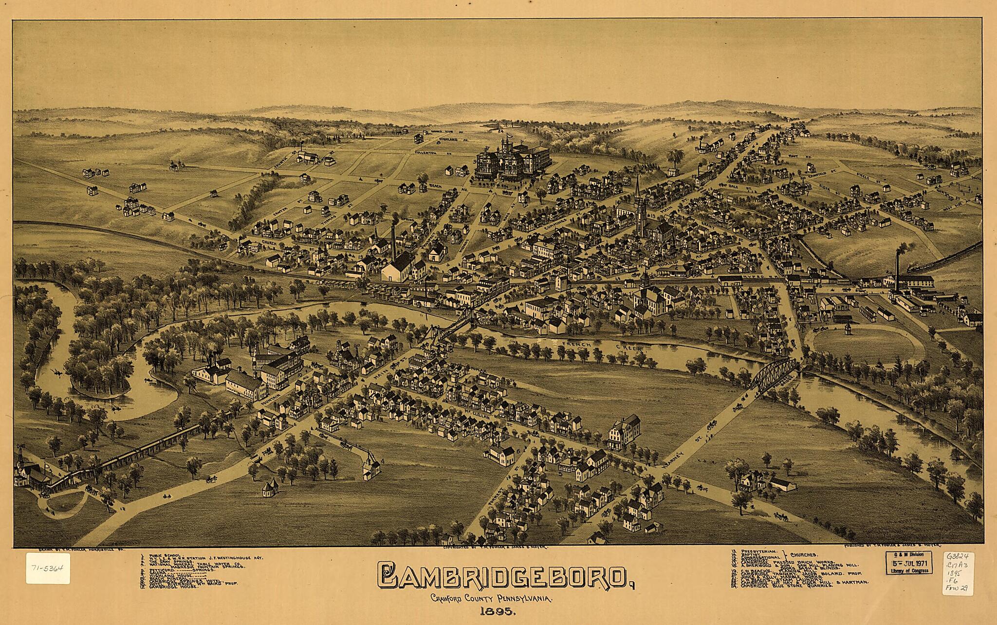 This old map of Cambridgeboro, Crawford County, Pennsylvania from 1895 was created by T. M. (Thaddeus Mortimer) Fowler, James B. Moyer in 1895