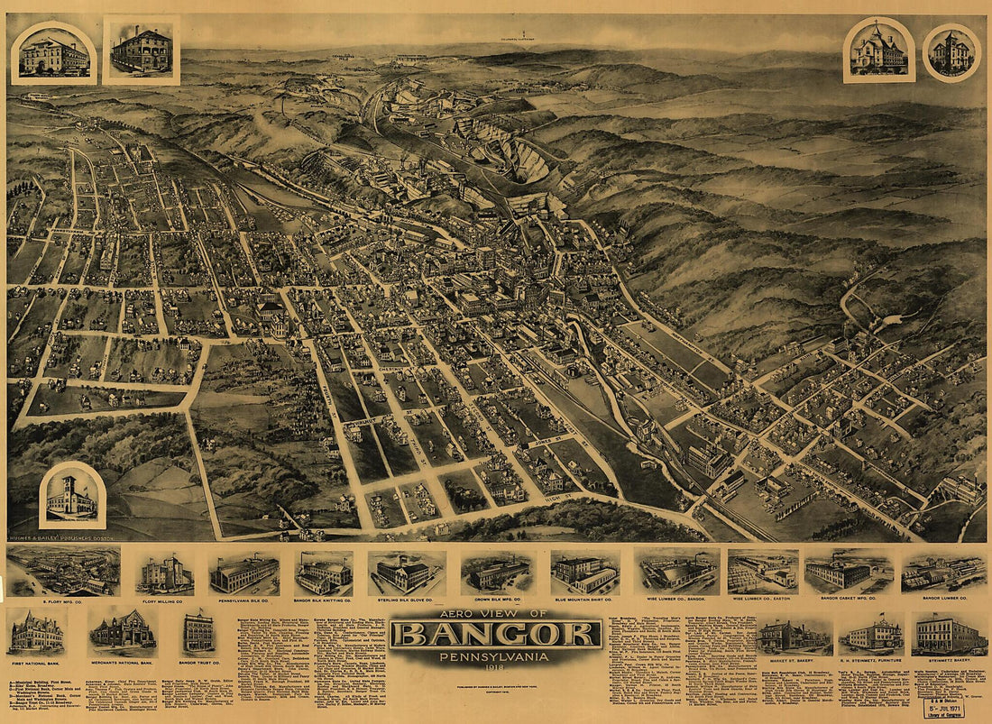 This old map of Aero View of Bangor, Pennsylvania from 1918 was created by T. M. (Thaddeus Mortimer) Fowler,  Hughes &amp; Bailey in 1918