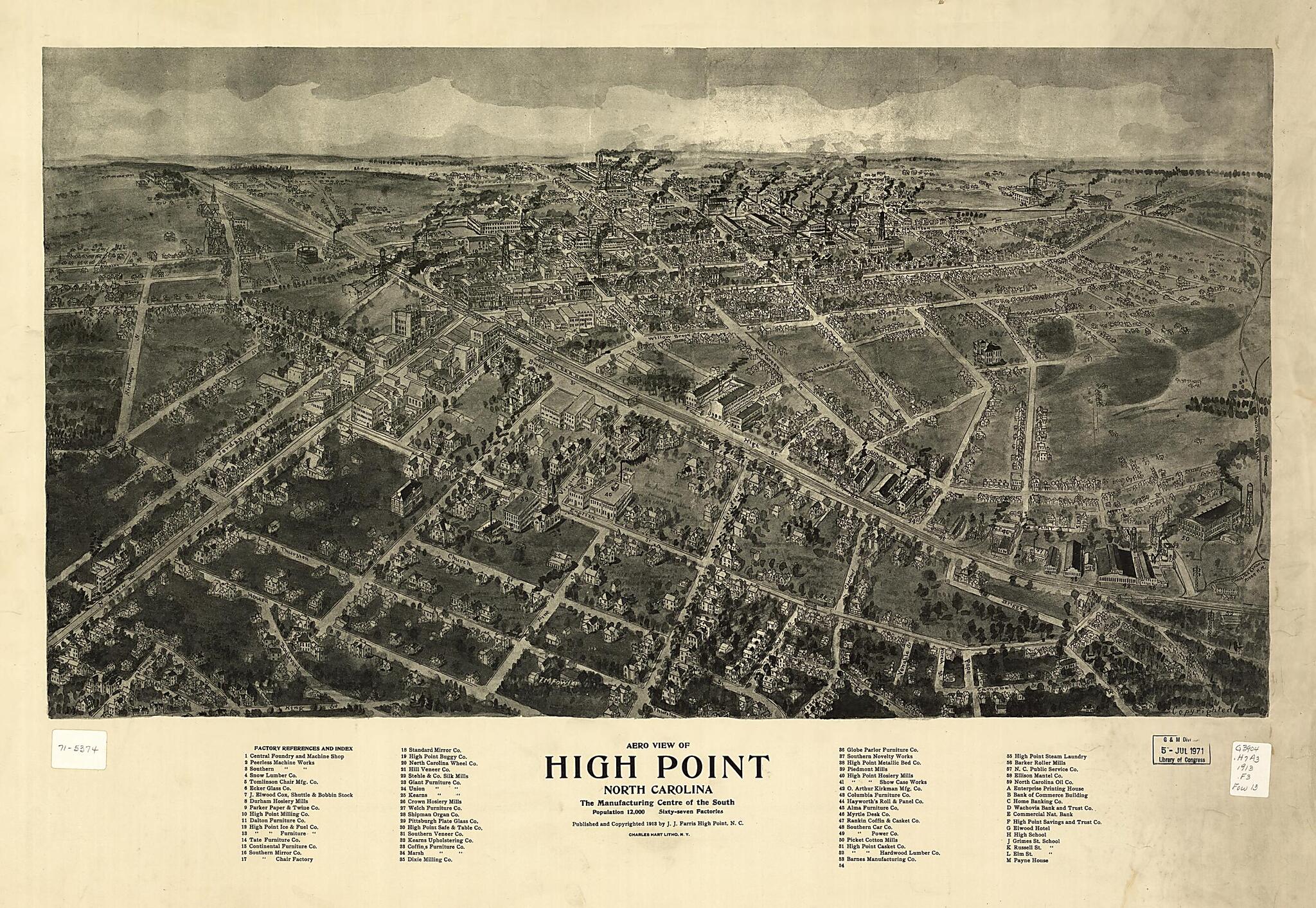 This old map of Aero View of High Point, North Carolina from 1913 was created by T. M. (Thaddeus Mortimer) Fowler, Chas. (Charles) Hart in 1913