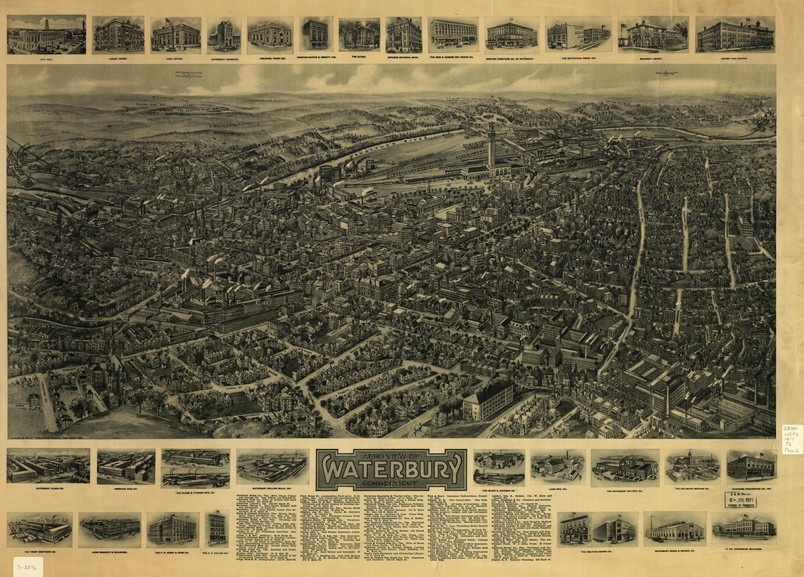 This old map of Aero View of Waterbury, Connecticut from 1917 was created by T. M. (Thaddeus Mortimer) Fowler,  Hughes &amp; Bailey in 1917