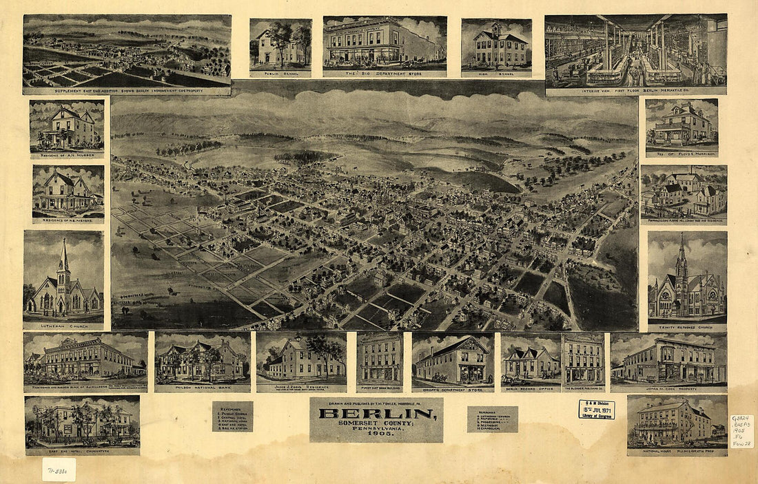 This old map of Berlin, Somerset County, Pennsylvania from 1905 was created by T. M. (Thaddeus Mortimer) Fowler in 1905