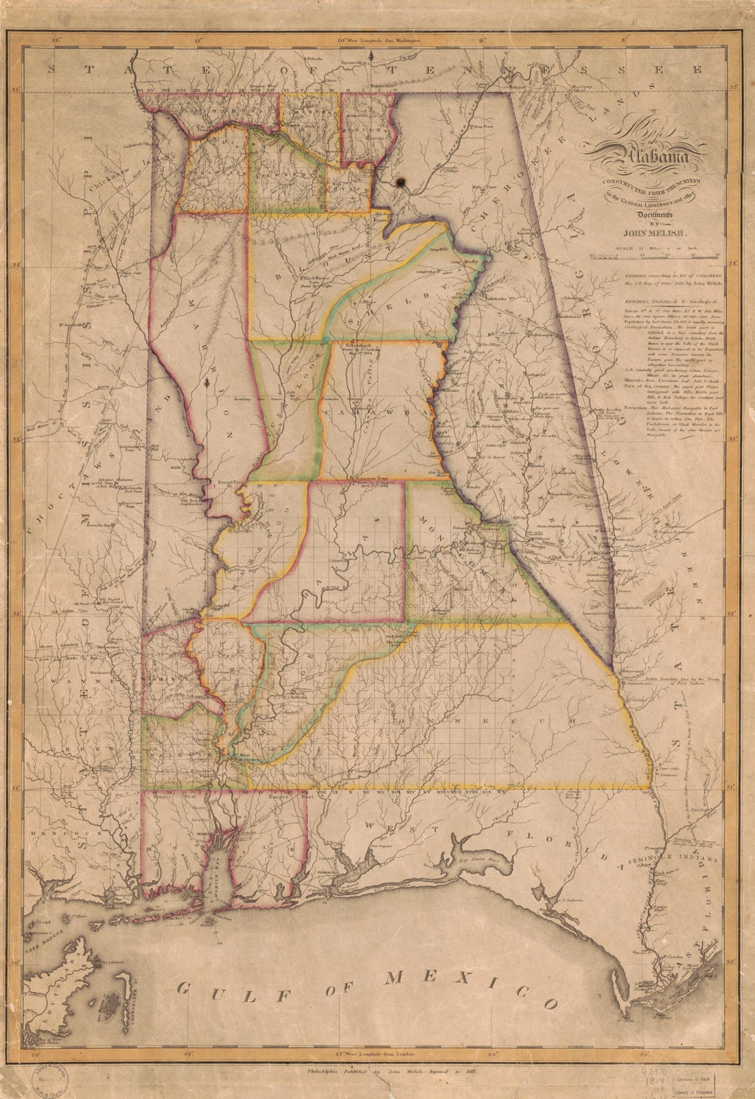 This old map of Map of Alabama Constructed from the Surveys In the General Land Office and Other Documents. Improved to from 1819 was created by John Melish in 1819