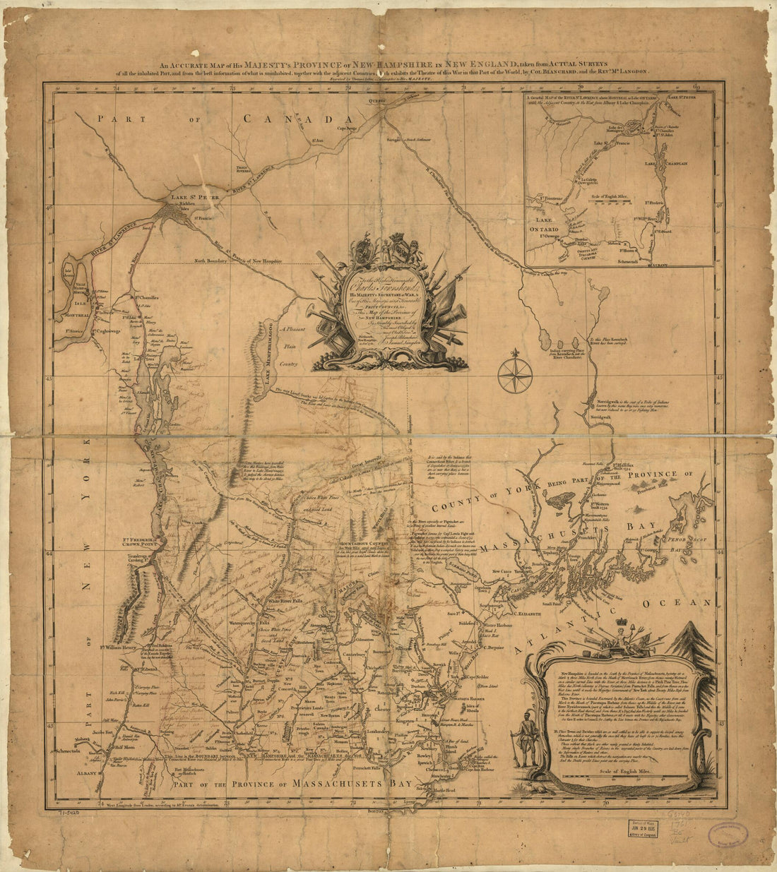 This old map of Hampshire In New England, Taken from Actual Surveys of All the Inhabited Part, and from the Best Information of What Is Uninhabited, Together With the Adjacent Countries, Which Exhibits the Theatre of This War In That Part of the World fr