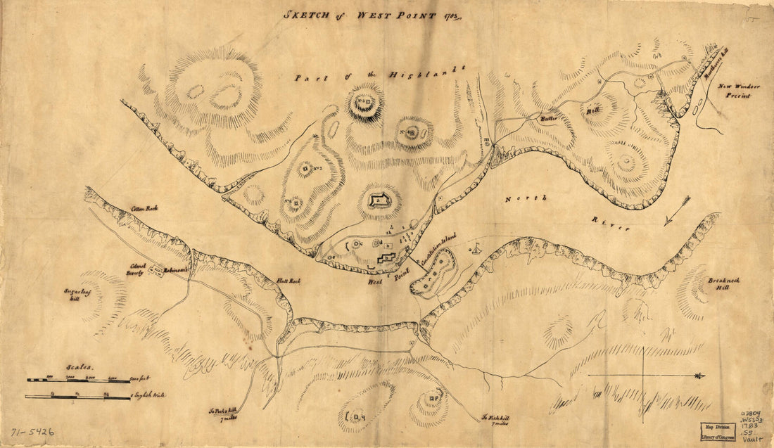 This old map of Sketch of West Point from 1783 was created by John Hinncks in 1783