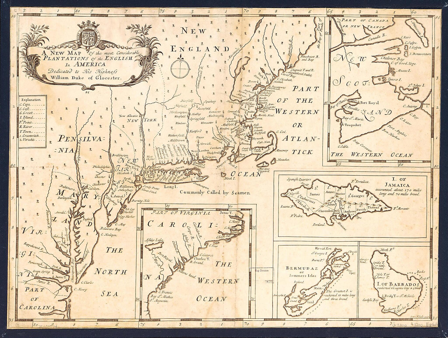 This old map of A New Map of the Most Considerable Plantations of the English In America (Plantations of the English In America) from 1722 was created by Sutton Nicholls, Edward Wells in 1722