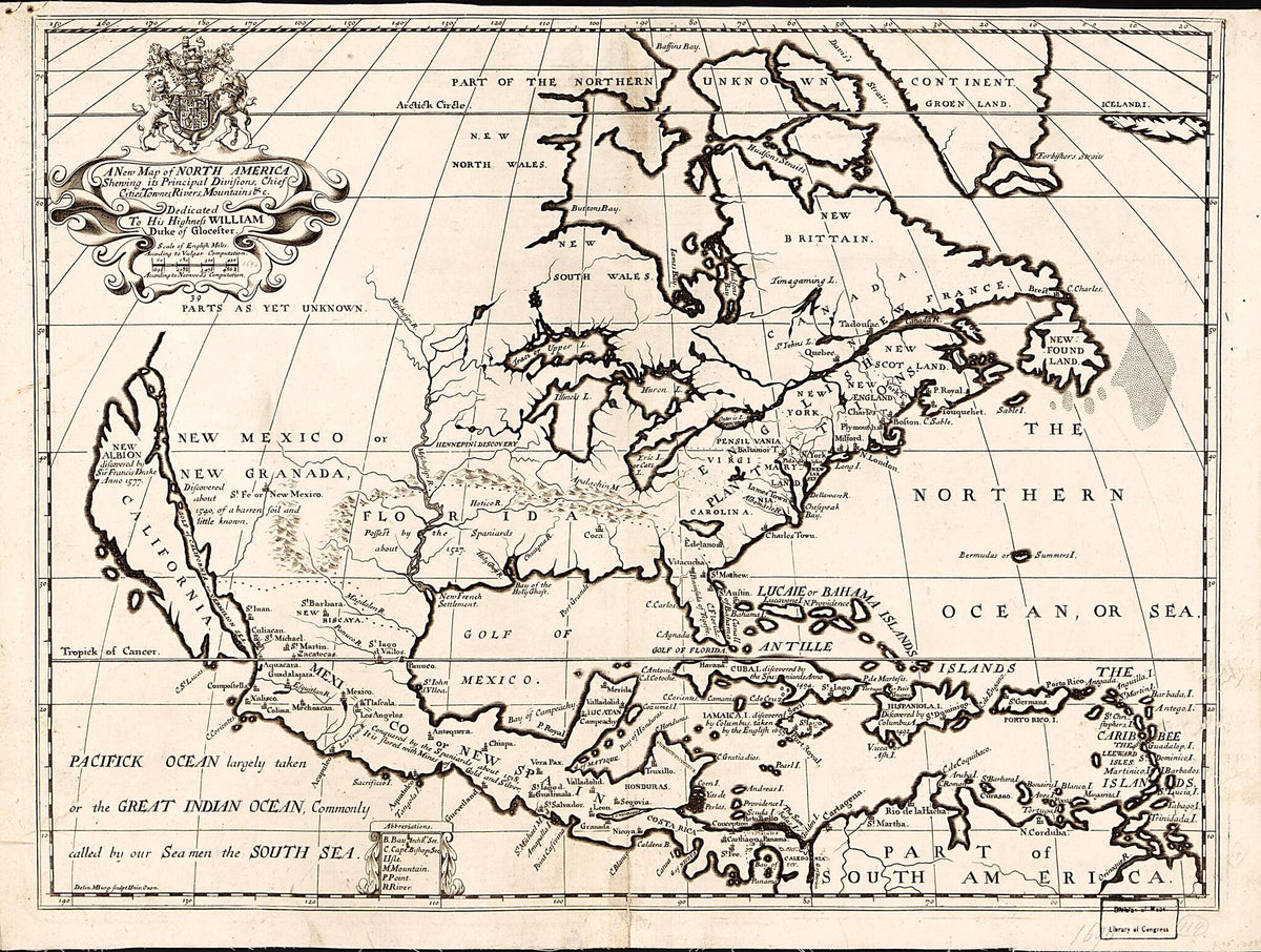 A New Map of North America Shewing Its Principal Divisions, Chief Cities, Townes, Rivers, Mountains &amp;c 1722 by Relic Map Company