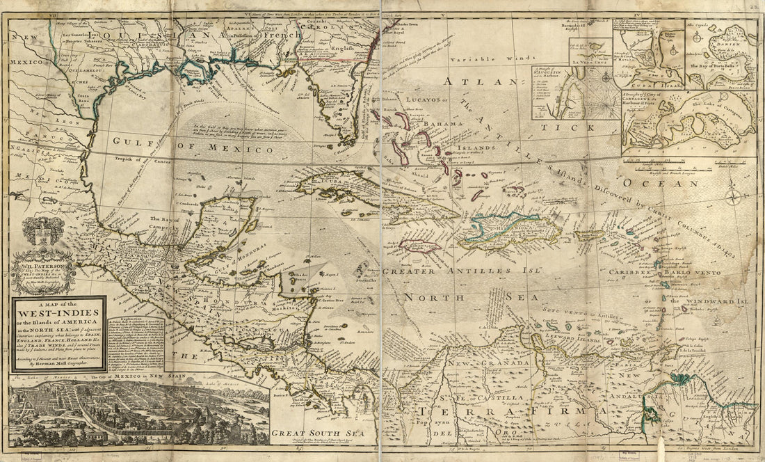 This old map of Indies Or the Islands of America In the North Sea; With Ye Adjacent Countries; Explaning sic What Belongs to Spain, England, France, Holland, &amp;c. Also Ye Trade Winds, and Ye Several Tracts Made by Ye Galeons and Flota from Place to Place 