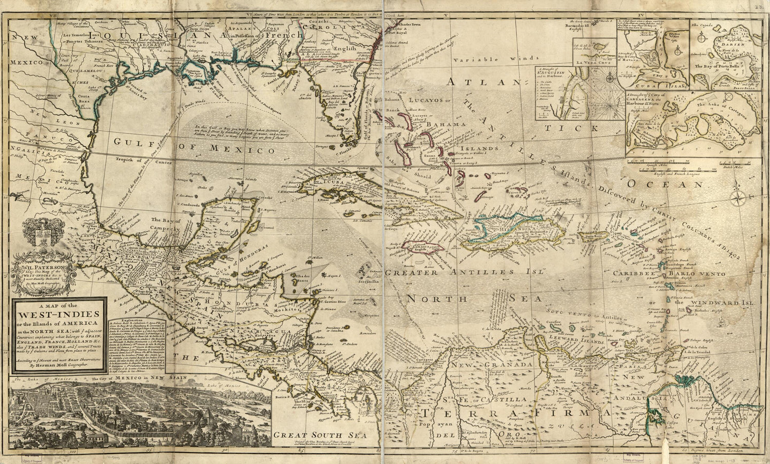 This old map of Indies Or the Islands of America In the North Sea; With Ye Adjacent Countries; Explaning sic What Belongs to Spain, England, France, Holland, &amp;c. Also Ye Trade Winds, and Ye Several Tracts Made by Ye Galeons and Flota from Place to Place 