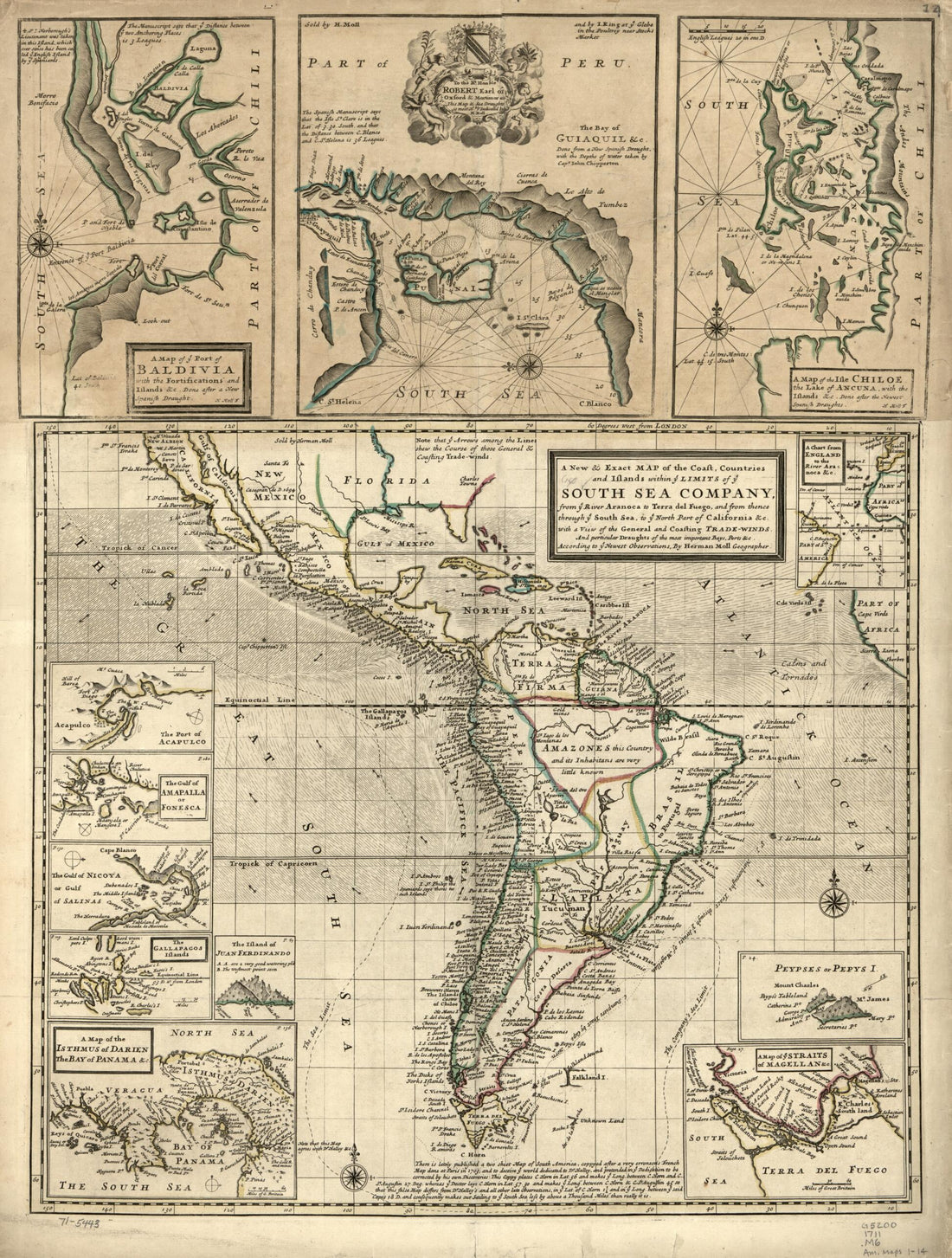 This old map of Winds and Perticular Draughts of the Most Important Bays, Ports &amp;c from 1711 was created by Herman Moll in 1711