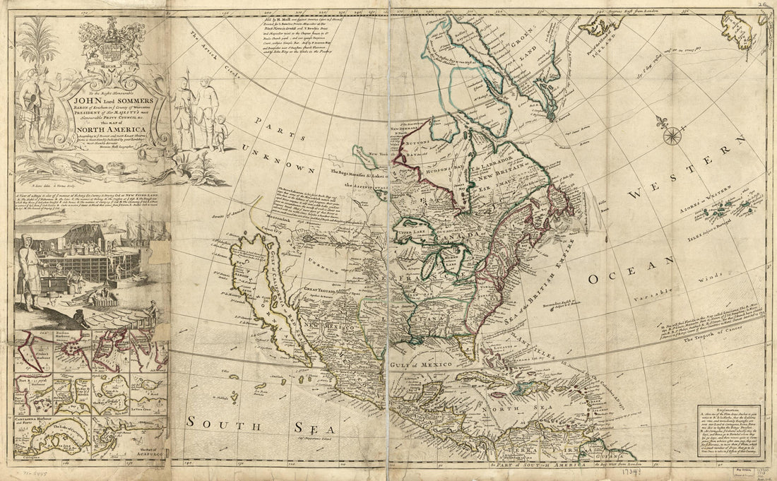 This old map of This Map of North America, According to Ye Newest and Most Exact Observations from 1715 was created by John Bowles, Bernard Lens, Herman Moll, George Vertue in 1715