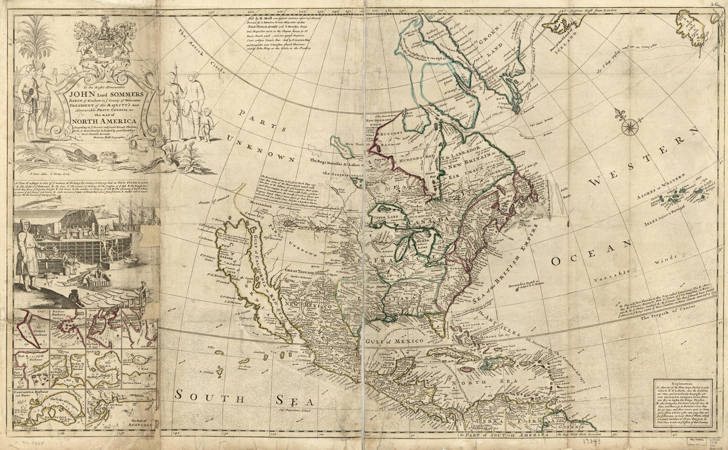 This old map of This Map of North America, According to Ye Newest and Most Exact Observations from 1715 was created by John Bowles, Bernard Lens, Herman Moll, George Vertue in 1715