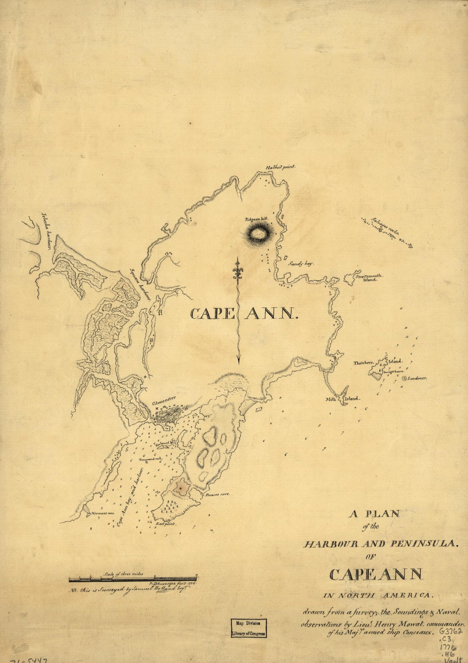 This old map of A Plan of the Harbour and Peninsula of Cape Ann In North America from 1776 was created by P. D Auvergne, Samuel Holland, Henry Mowat in 1776