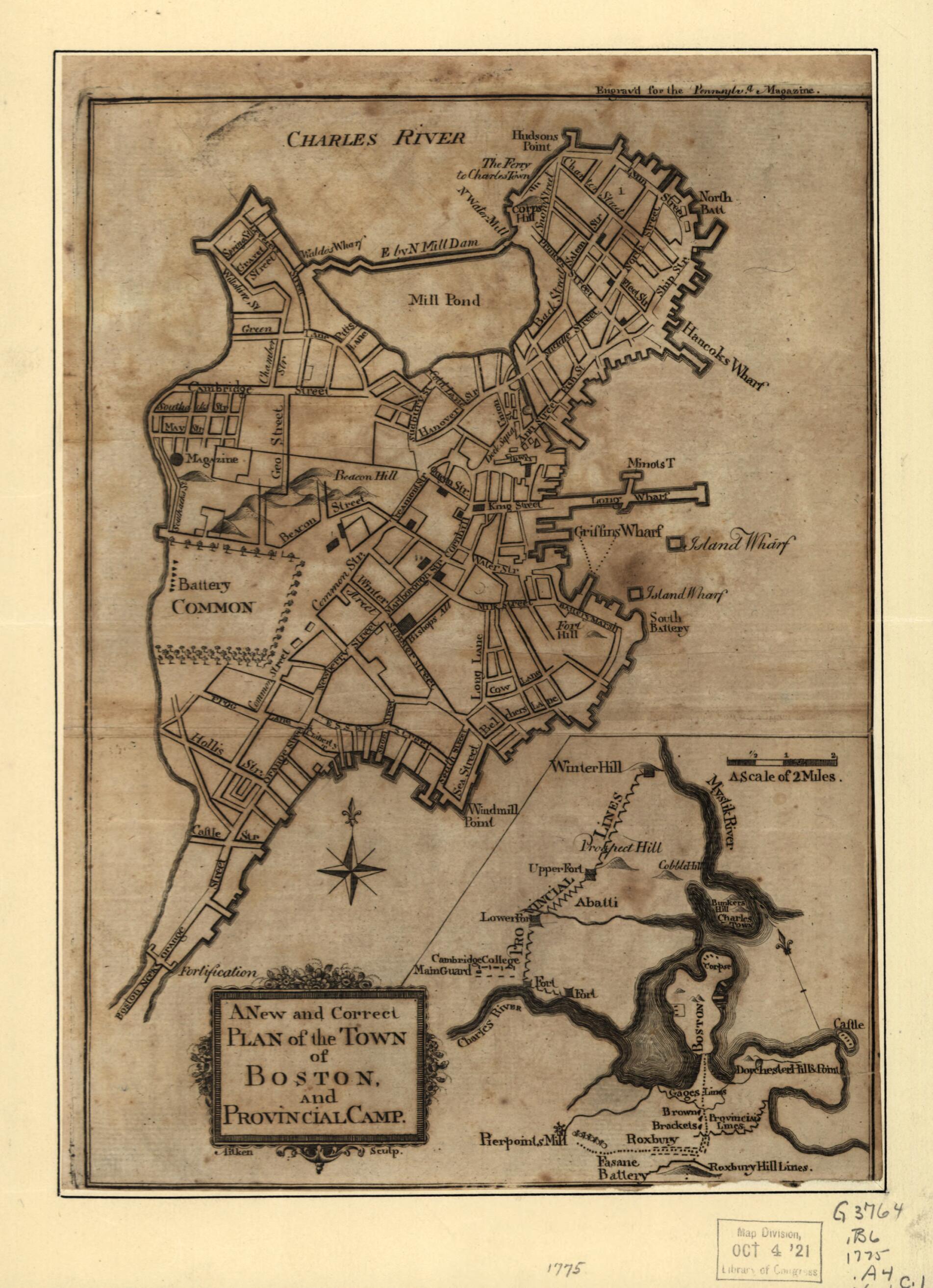 This old map of A New and Correct Plan of the Town of Boston, and Provincial Camp from 1775 was created by Robert Aitken in 1775