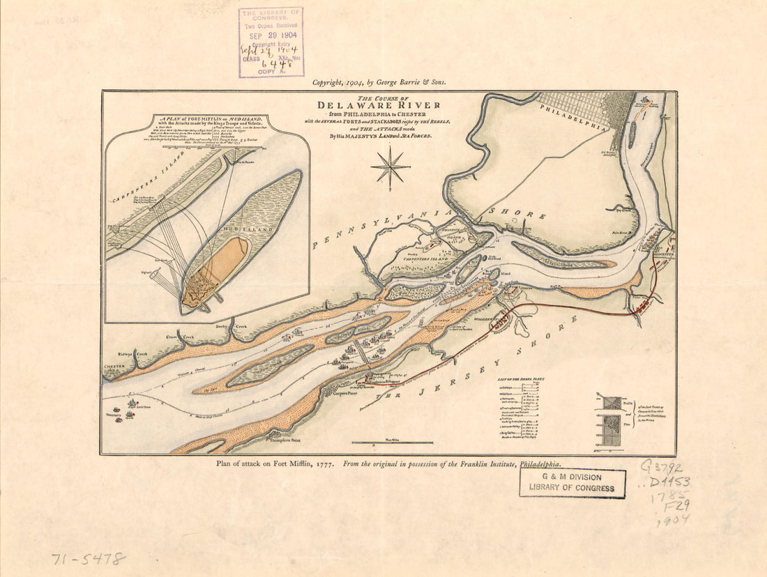 This old map of The Course of Delaware River from Philadelphia to Chester With the Several Forts and Stackadoes Raised by the Rebels, and the Attacks Made by His Majesty&