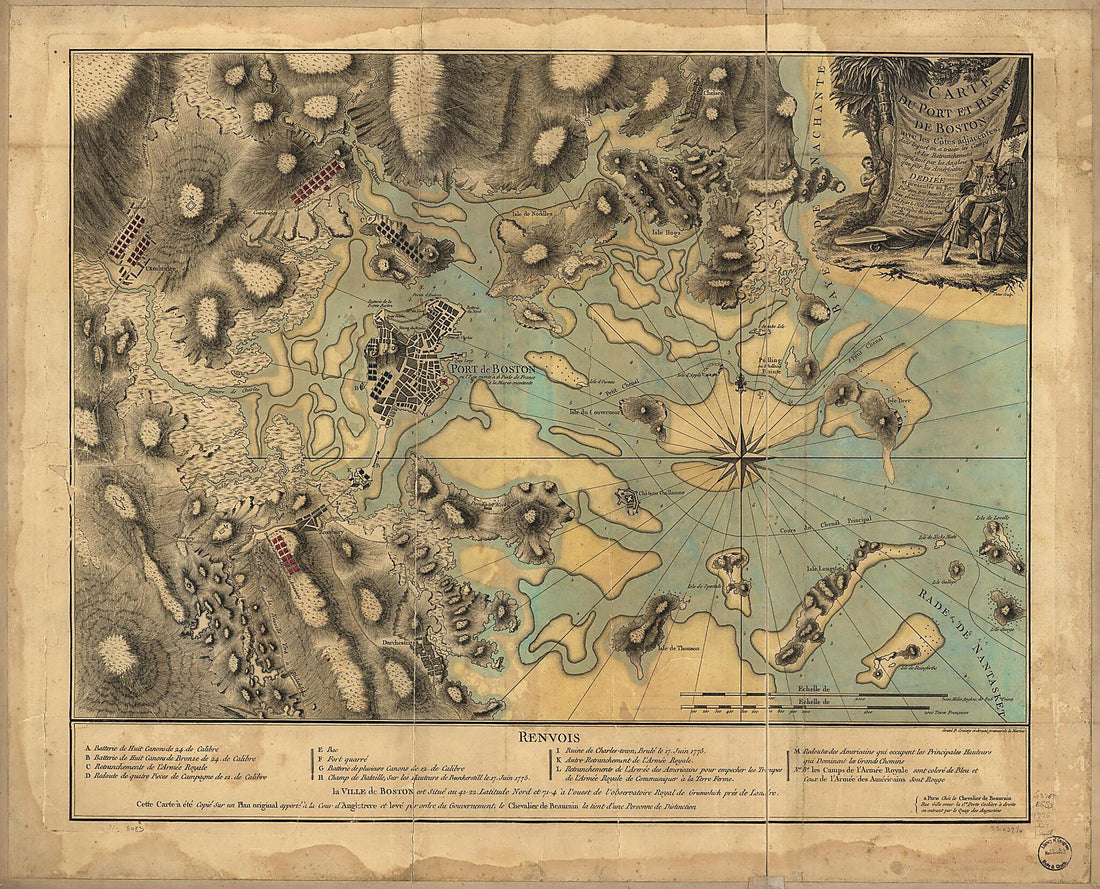 This old map of Carte Du Port Et Havre De Boston Avec Les Côtes Adjacentes, Dans Laquel On a Tracée Les Camps Et Les Retranchemens Occupé, Tant Par Les Anglois Que Par Les Américains from 1776 was created by  Beaurain, P. Croisey in 1776