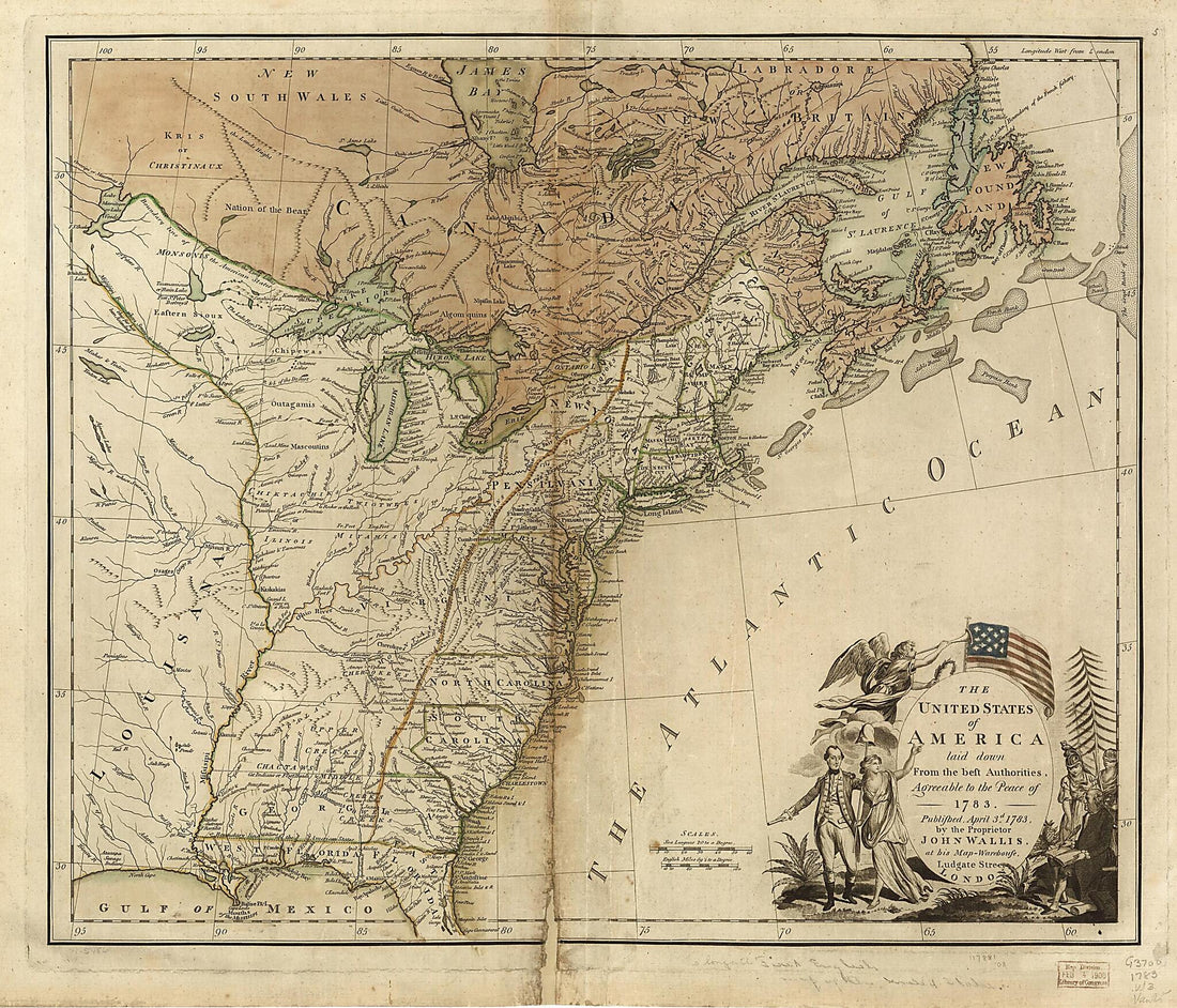This old map of The United States of America Laid Down from the Best Authorities, Agreeable to the Peace of from 1783 was created by John Wallis in 1783