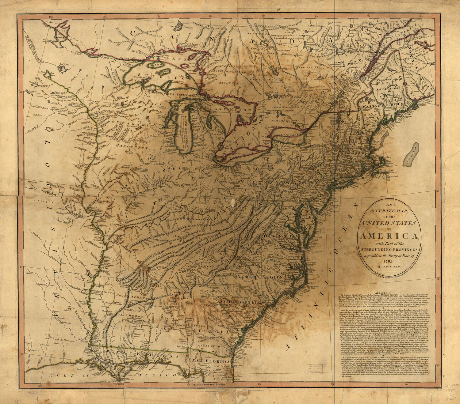 This old map of An Accurate Map of the United States of America, With Part of the Surrounding Provinces Agreeable to the Treaty of Peace of from 1783 was created by John Cary in 1783