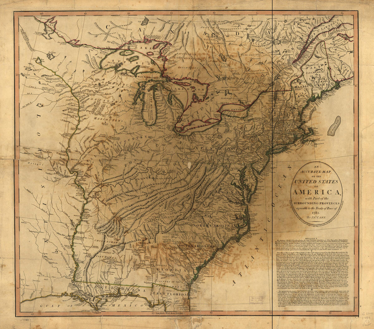 An Accurate Map of the United States of America, With Part of the Surrounding Provinces Agreeable to the Treaty of Peace of 1783 by Relic Map Company
