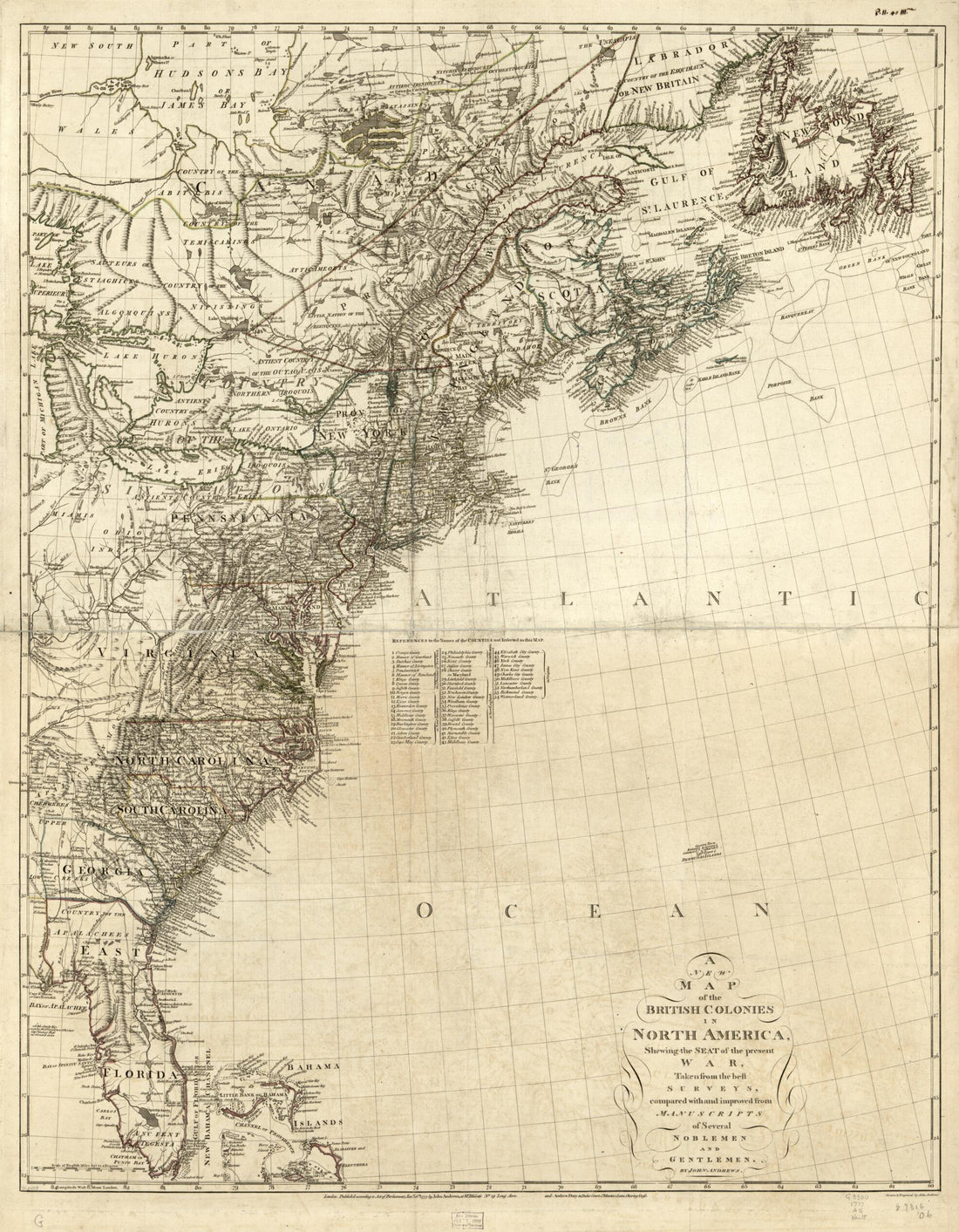 This old map of A New Map of the British Colonies In North America, Shewing the Seat of the Present War, Taken from the Best Surveys, Compared With and Improved from Manuscripts of Several Noblemen and Gentlemen from 1777 was created by John Andrews, And