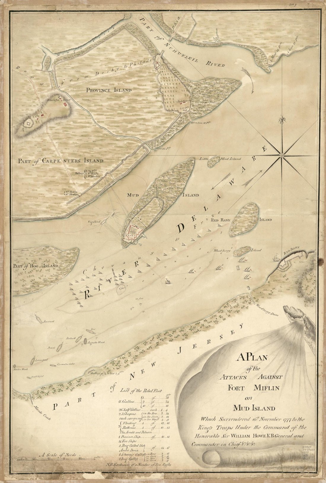 This old map of A Plan of the Attacks Against Fort Miflin On Mud Island Which Surrendered 16th, November from 1777 to the Kings Troops Under the Command of the Honorable Sir William Howe K.B. General and Commander In Chief &amp;c., &amp;c was created by Thomas W