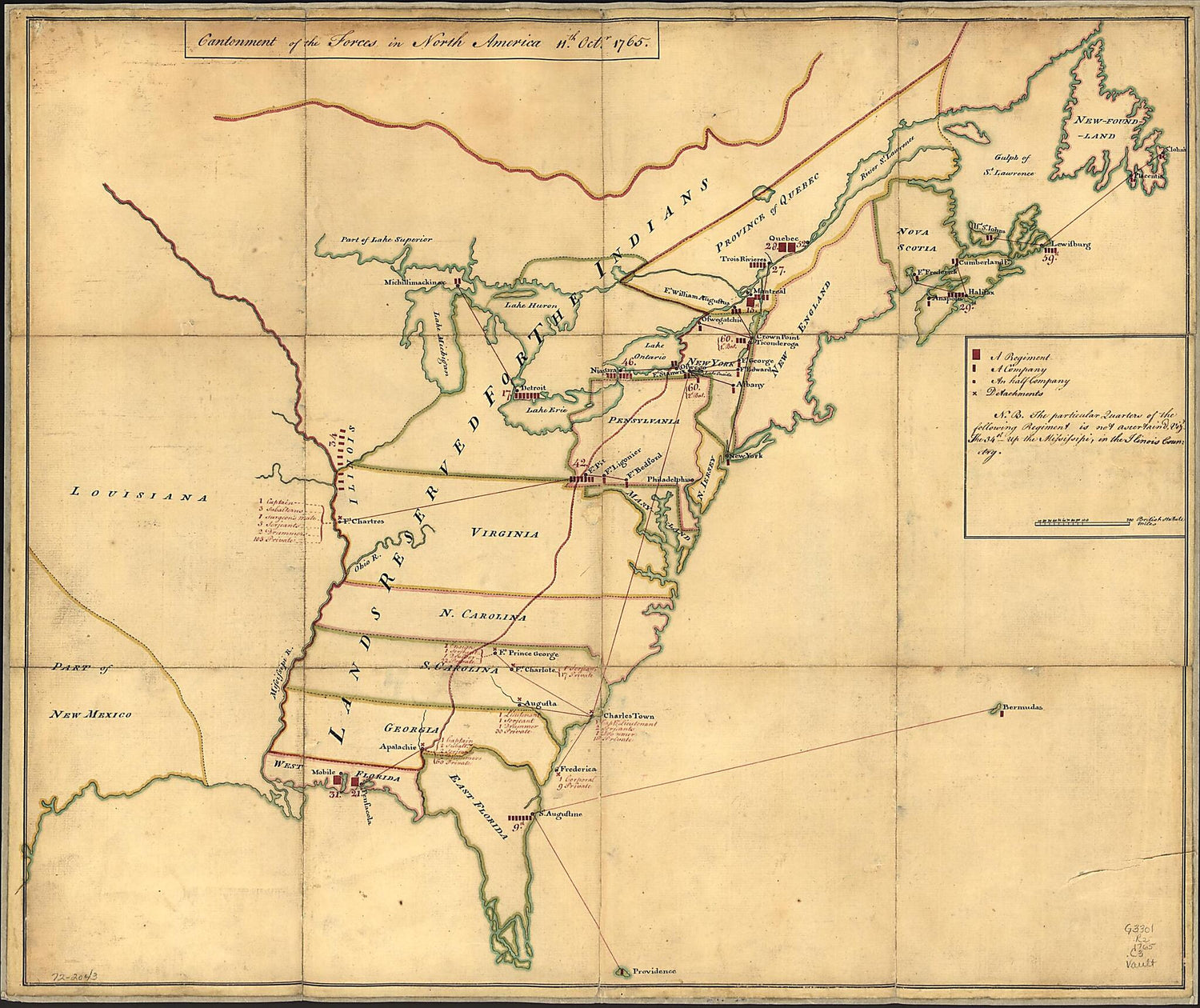 This old map of Cantonment of the Forces In North America 11th. Octr. from 1765 was created by  in 1765