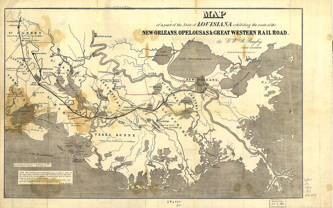 This old map of Orleans, Opelousas &amp; Great Western Rail Road from 1853 was created by G. W. R. Bayley,  Childs &amp; Hammond in 1853