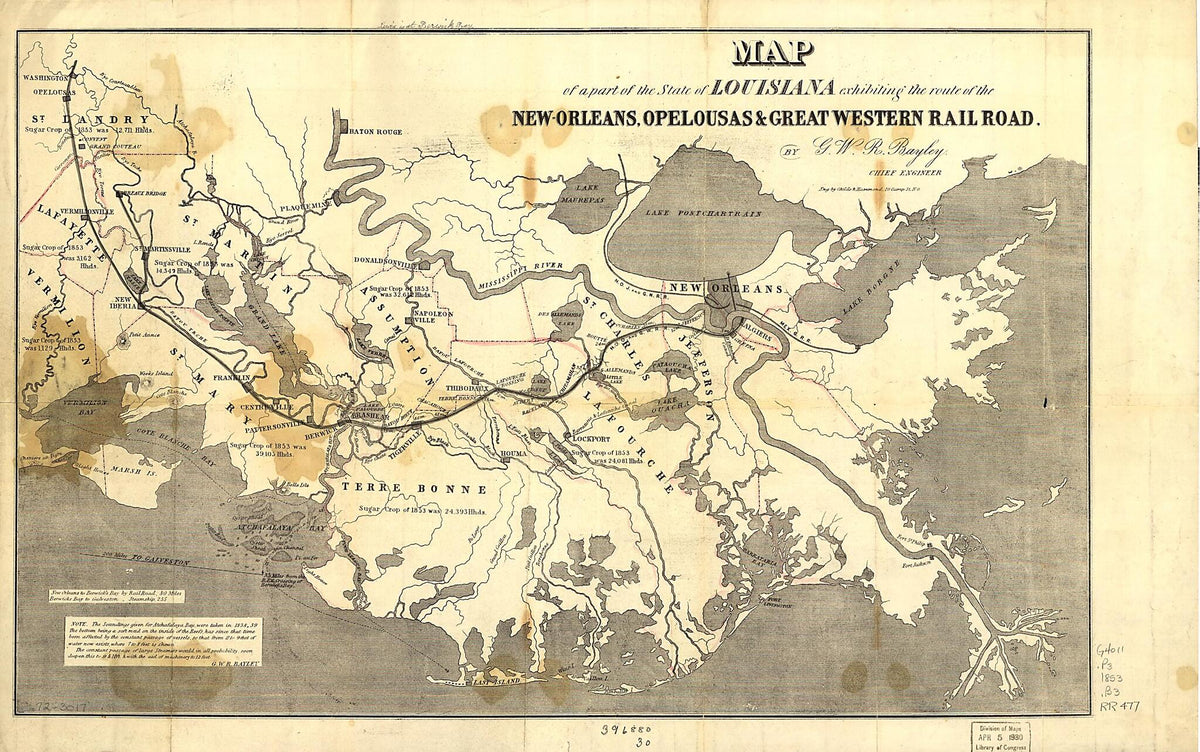 Orleans, Opelousas &amp; Great Western Rail Road 1853 by Relic Map Company