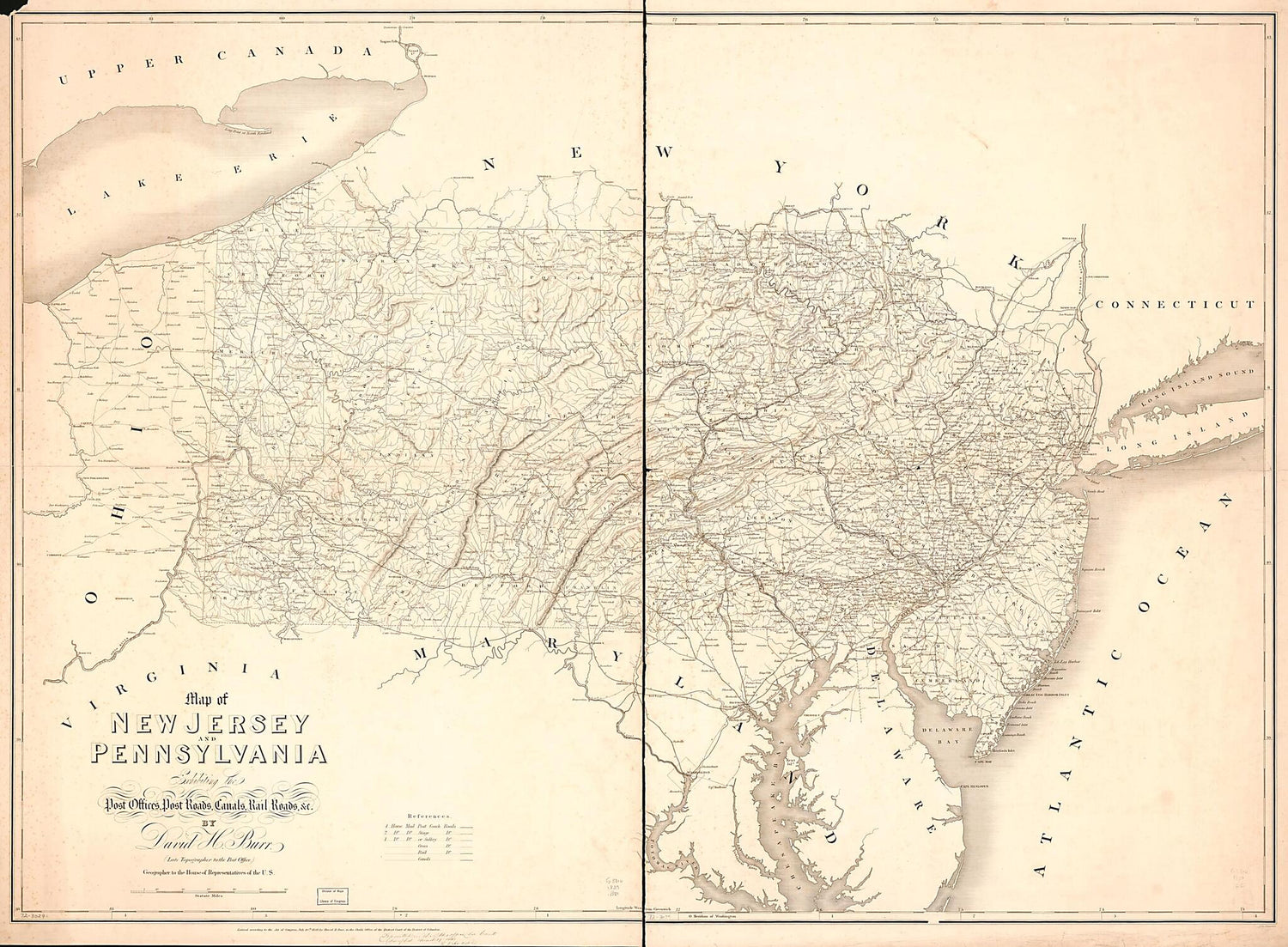 This old map of Map of New Jersey and Pennsylvania Exhibiting the Post Offices, Post Roads, Canals, Rail Roads, &amp;c from 1839 was created by David H. Burr in 1839