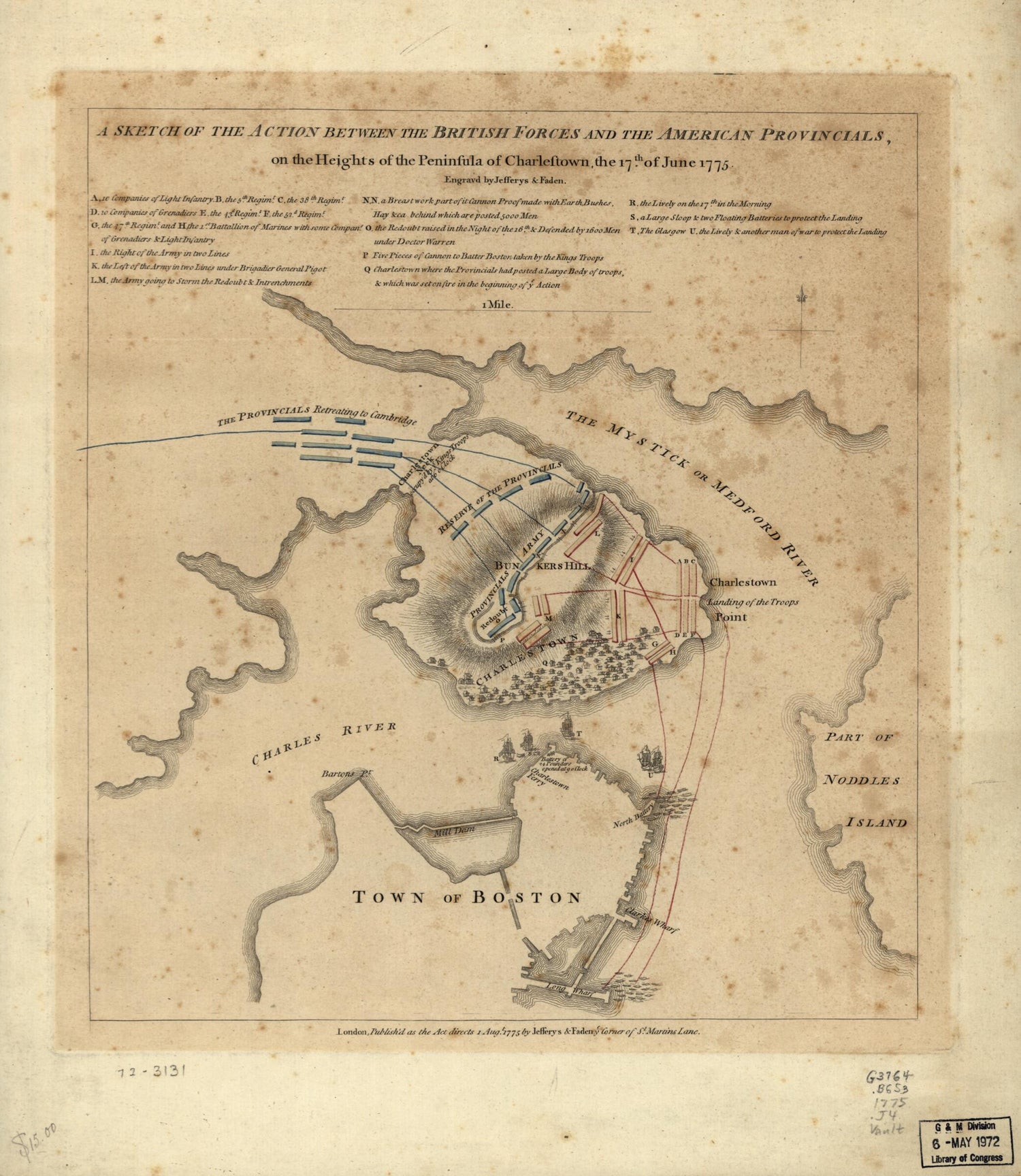 This old map of A Sketch of the Action Between the British Forces and the American Provincials, On the Heights of the Peninsula of Charlestown, the 17th of June from 1775 was created by William Faden, Thomas Jefferys in 1775