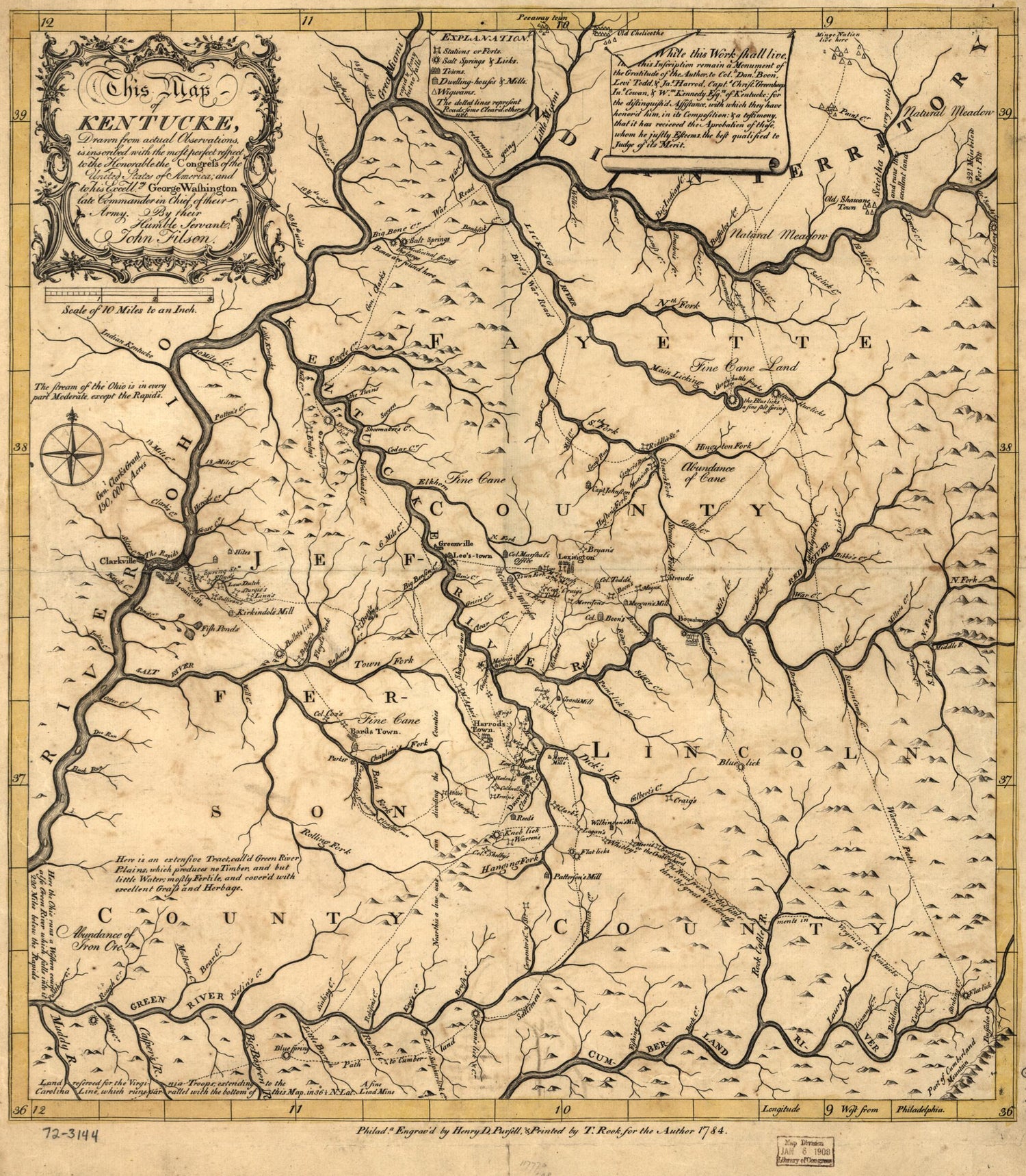This old map of This Map of Kentucke, Drawn from Actual Observations, Is Inscribed With the Most Perfect Respect, to the Honorable the Congress of the United States of America; and to His Excellcy. George Washington, Late Commander In Chief of Their Army
