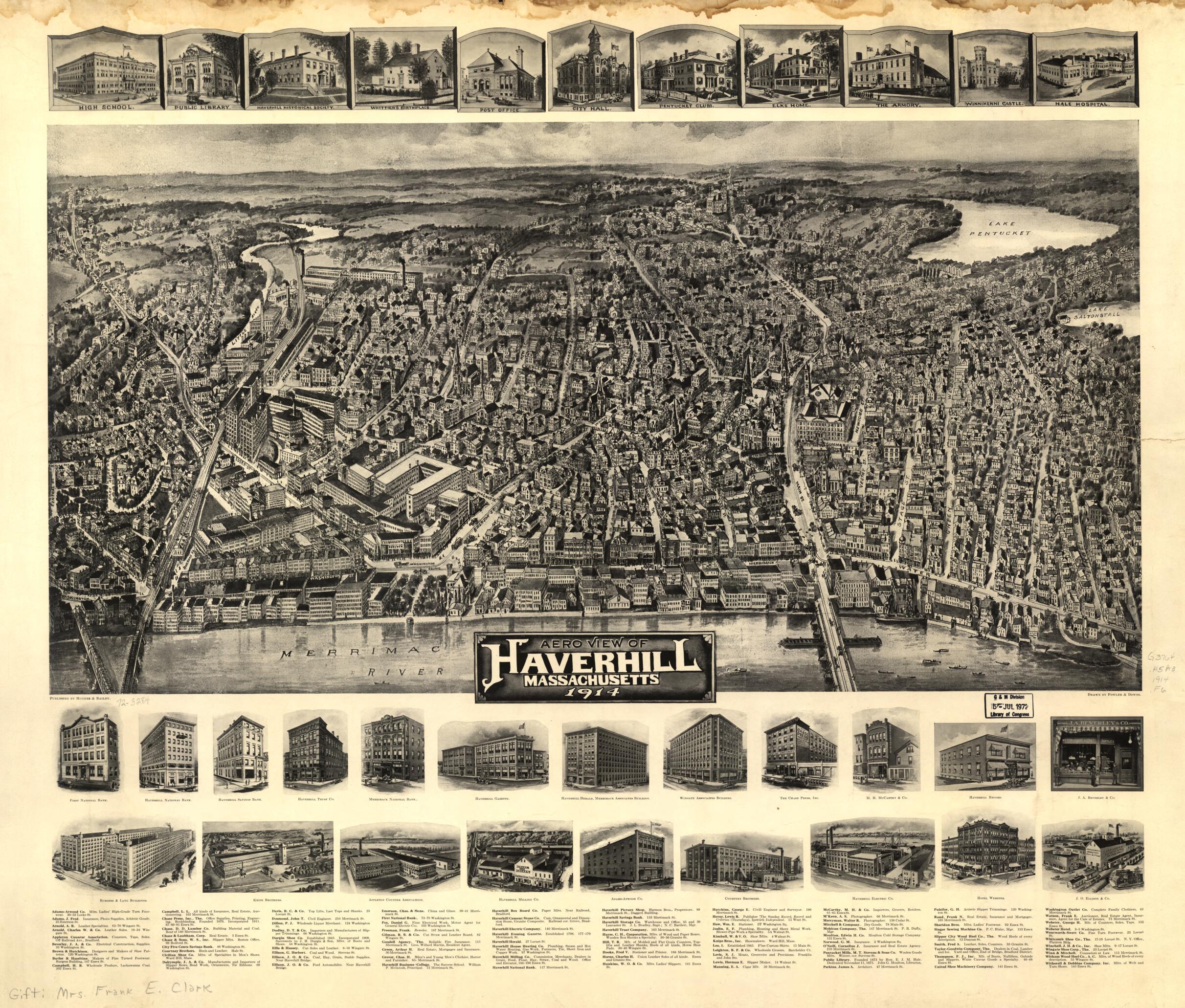 This old map of Aero View of Haverhill, Massachusetts from 1914 was created by A. E. (Albert E.) Downs, T. M. (Thaddeus Mortimer) Fowler,  Hughes &amp; Bailey in 1914