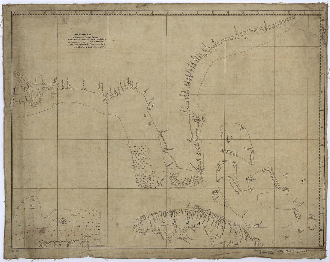 This old map of Descripcion De La Costa De Tierra Firme Desde El Rio De La Empalizada Hasta Cavo De Clara. Por Las Latitudes Y Longitudes De Dn. Bartolome De Rosa from 1757 was created by Balentin Cierto in 1757