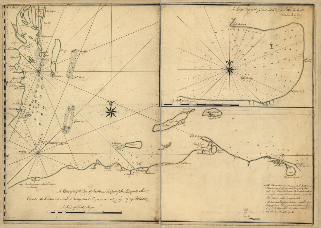This old map of A Draught of the Bay of Honduras and Part of the Musquetto Shore from 1764 was created by George Robertson in 1764