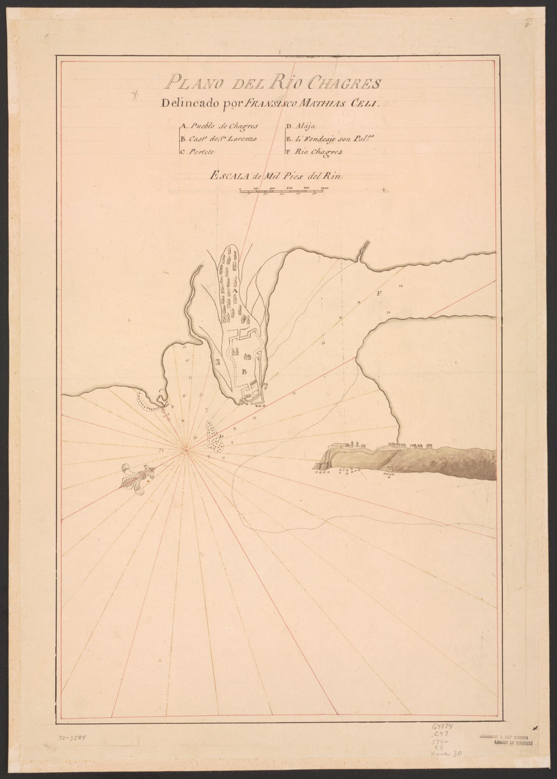 This old map of Plano Del Rio Chagres from 1740 was created by Francisco Mathias Celi in 1740