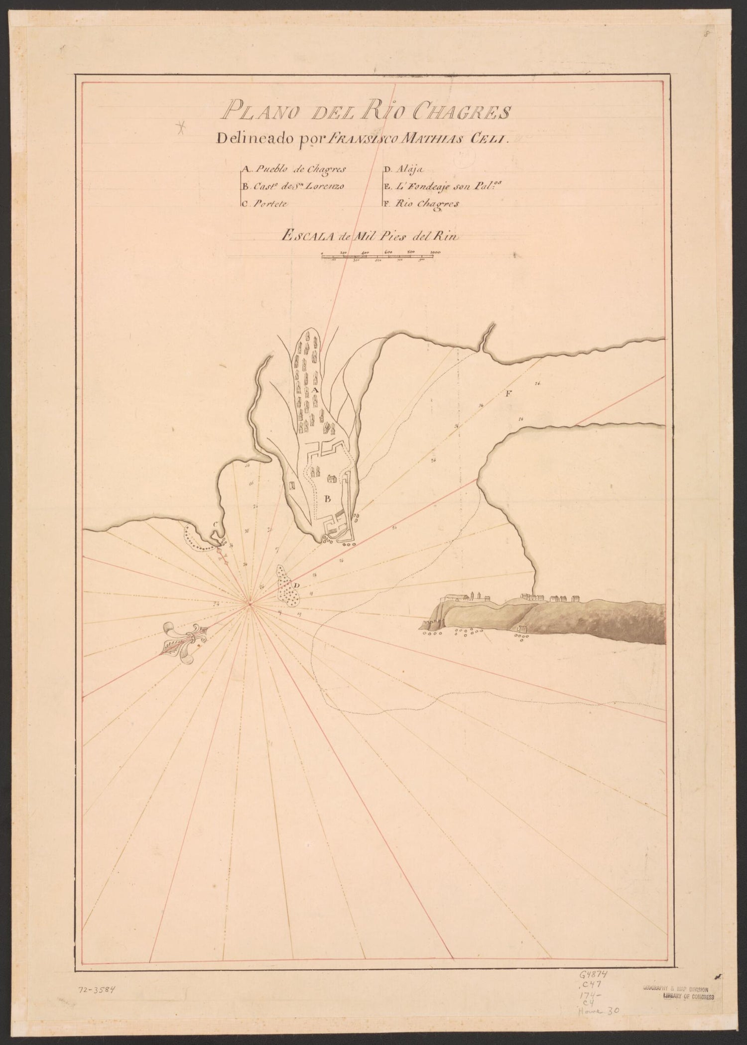 This old map of Plano Del Rio Chagres from 1740 was created by Francisco Mathias Celi in 1740