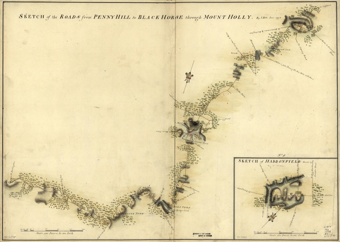 This old map of Sketch of Haddonfield, March from 1778. Sketch of the Roads from Pennyhill to Black Horse Through Mount Holly was created by John Hills in 1778